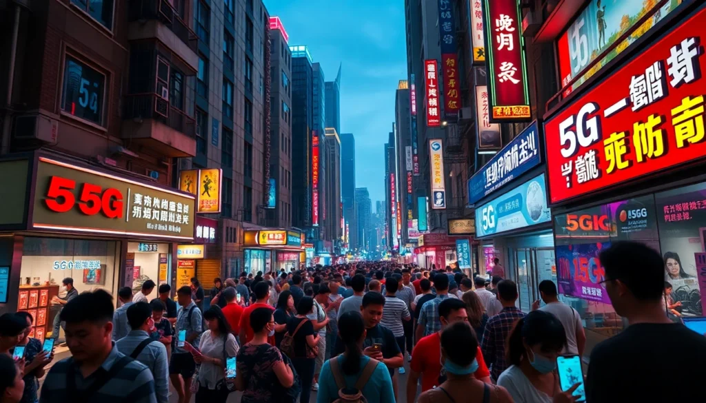 香港夜景，展示人們使用5G手機的繁忙街道，包含電信商廣告和醒目的霓虹燈。