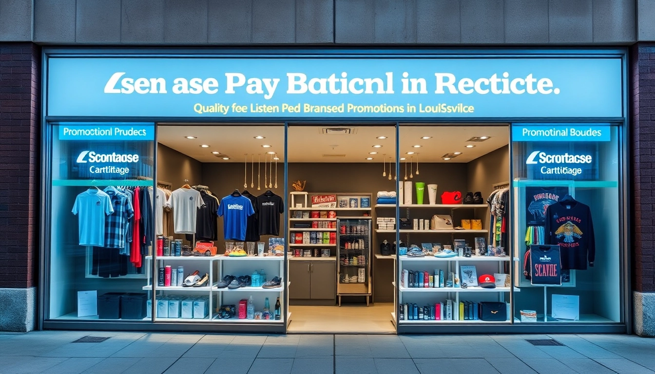 Dynamic image showcasing high-quality promotional products in Louisville, highlighting custom branded apparel, drinkware, and tech accessories for business branding.
