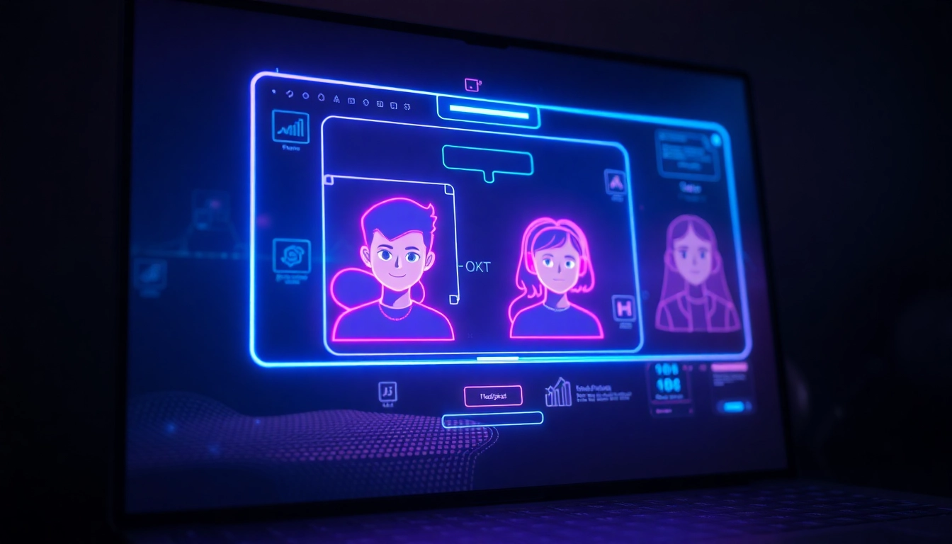 Futuristic AI chat interface with neon holograms and animated characters on a dark background.