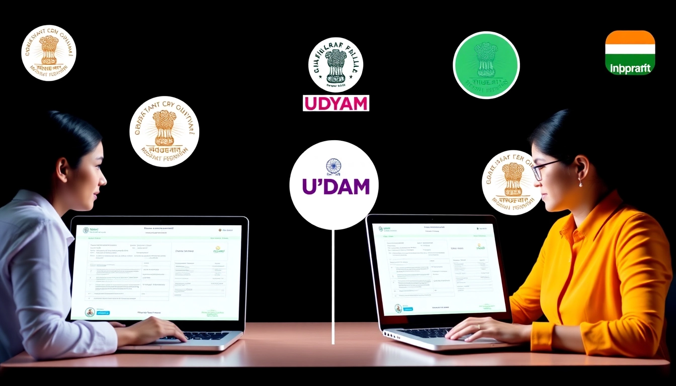 Udyam registration process being completed online by entrepreneurs; quick registration with documents upload and official portal interface for MSMEs in India.