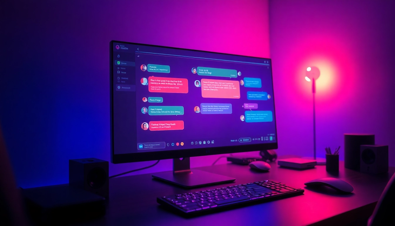 Futuristic computer setup with vibrant AI chat interfaces in a dimly lit room