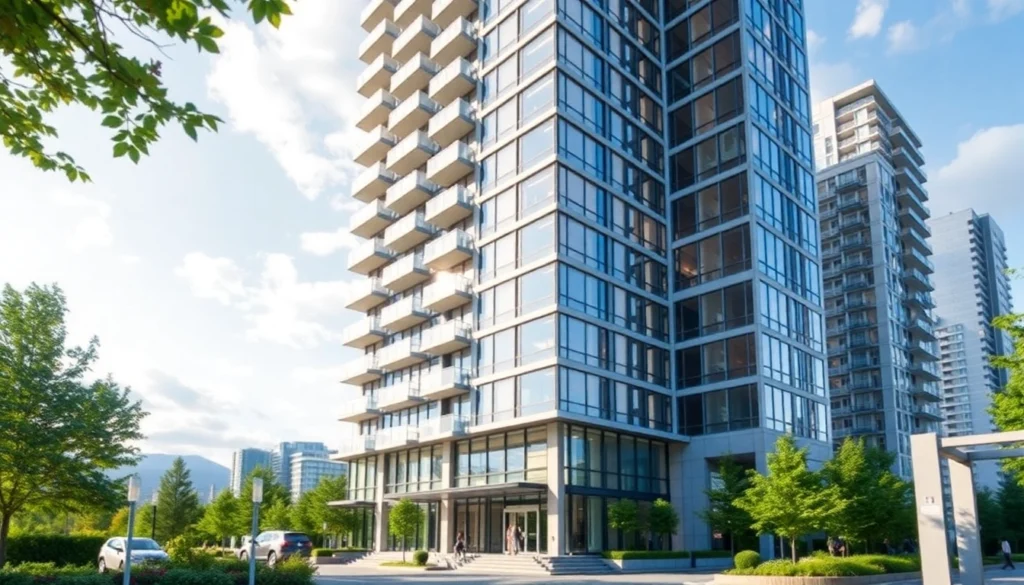 Vancouver strata management team overseeing a modern high-rise building with community professionals, emphasizing expert property management in Vancouver.