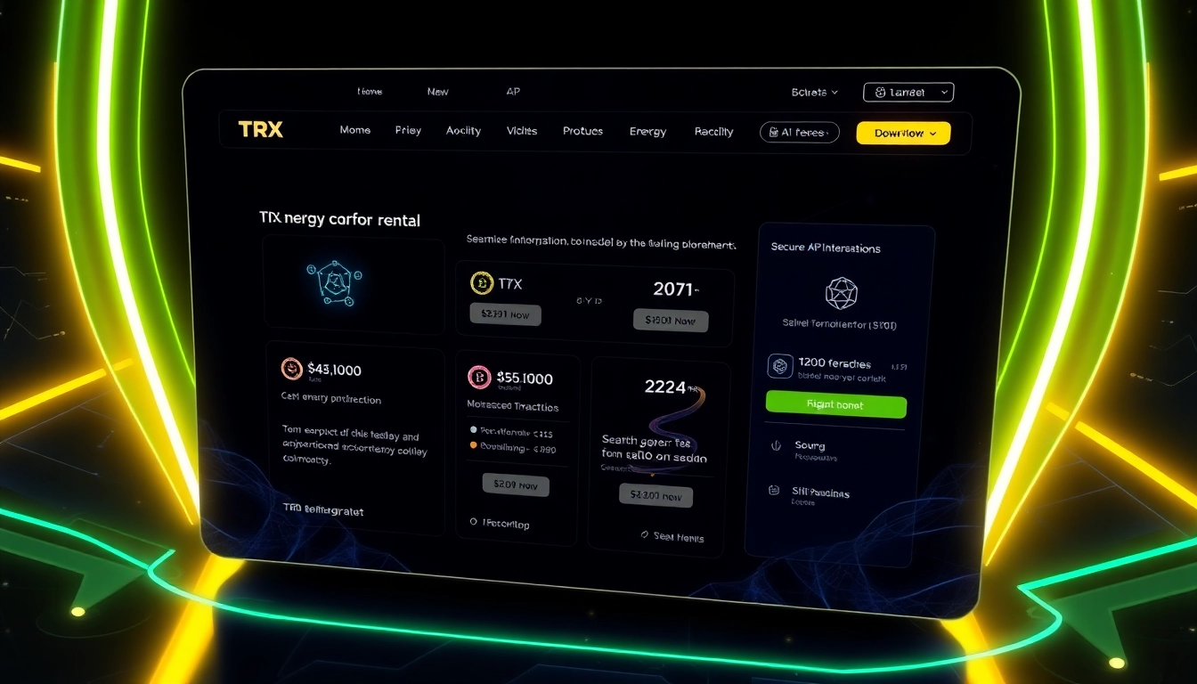 Engaging image showing TRX energy rental process with secure blockchain visuals and API tools for easy automation