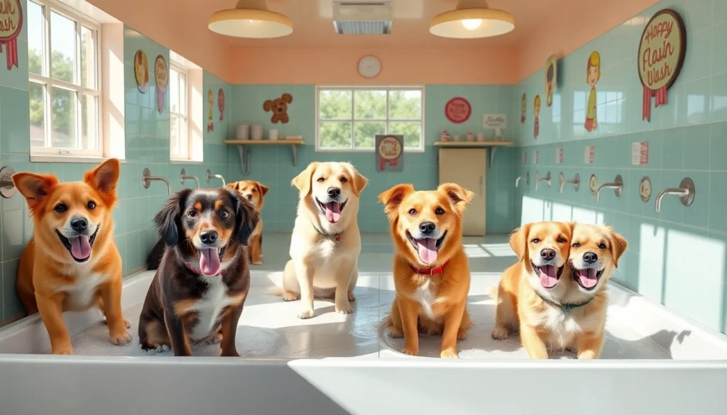 Enjoy a dog wash near me experience with playful dogs at well-equipped washing stations.