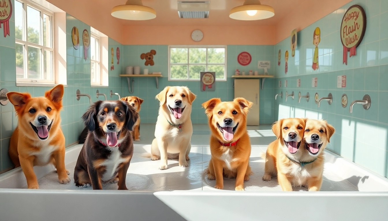 Enjoy a dog wash near me experience with playful dogs at well-equipped washing stations.
