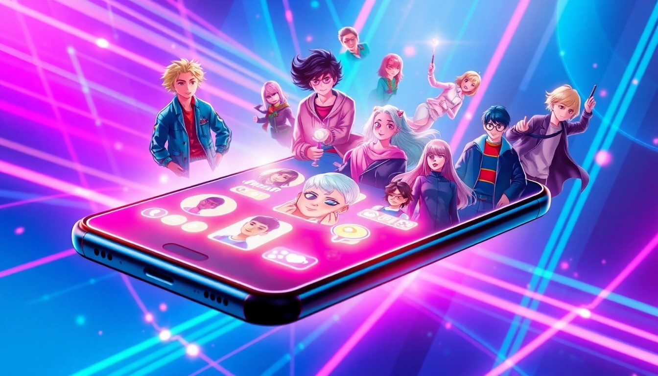 Digital illustration of a futuristic social media app interface with fandom characters and AI elements