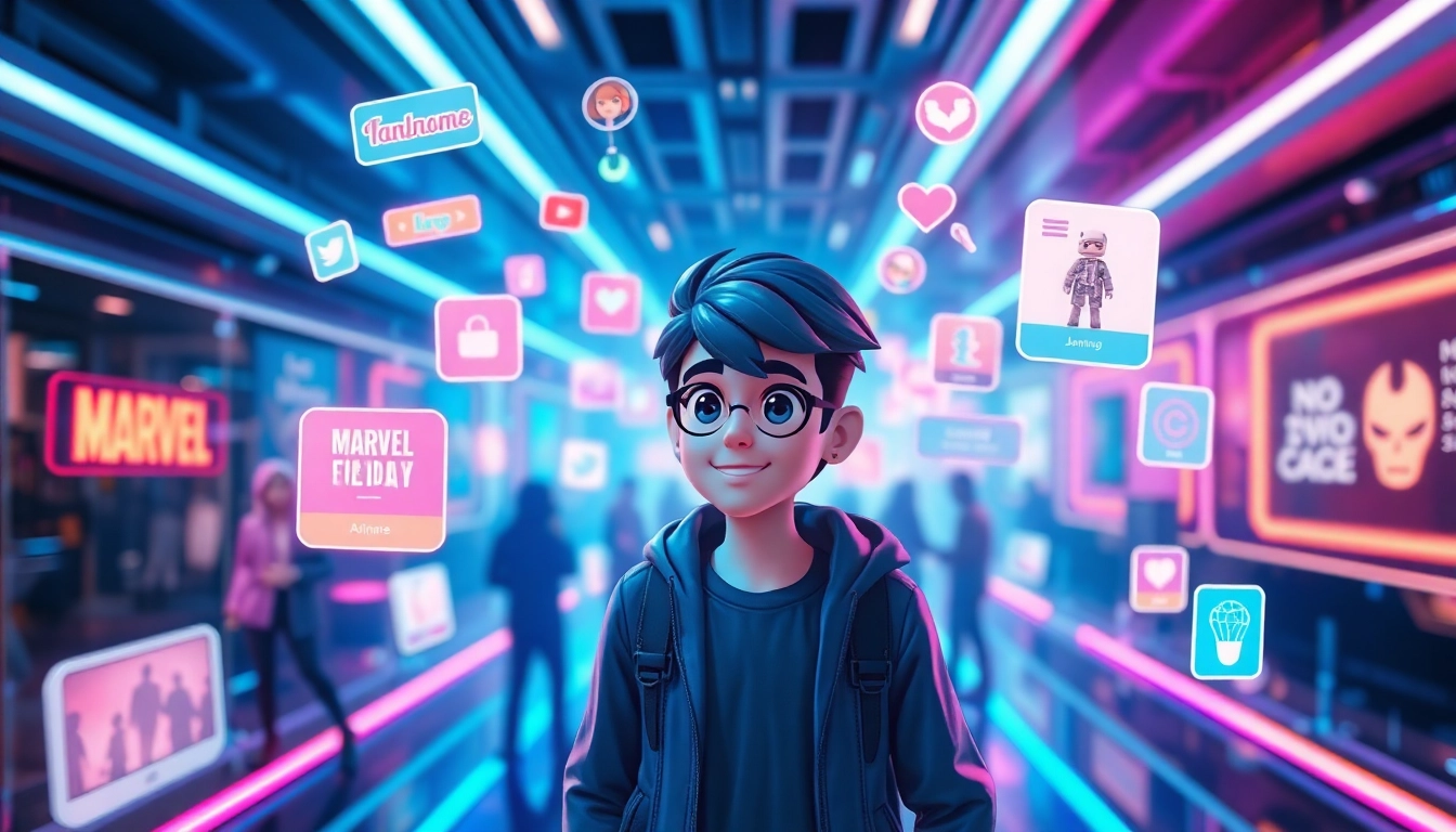 Futuristic virtual social media scene with avatars and holographic icons representing fandoms.