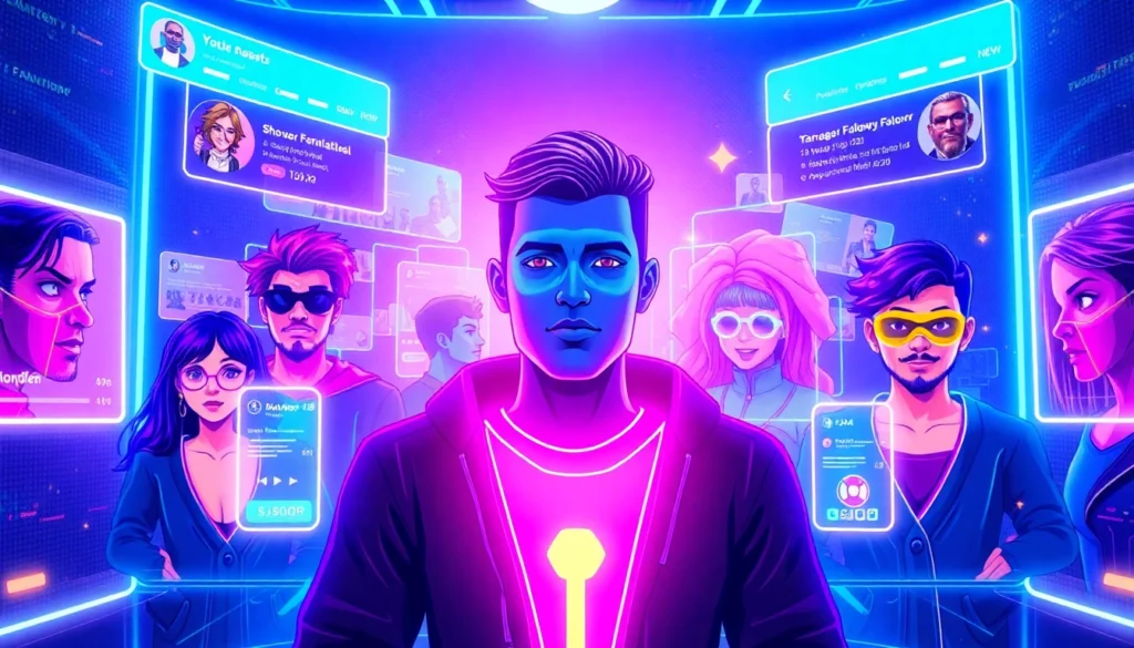 Futuristic virtual social media scene with avatars and holographic posts in neon colors.