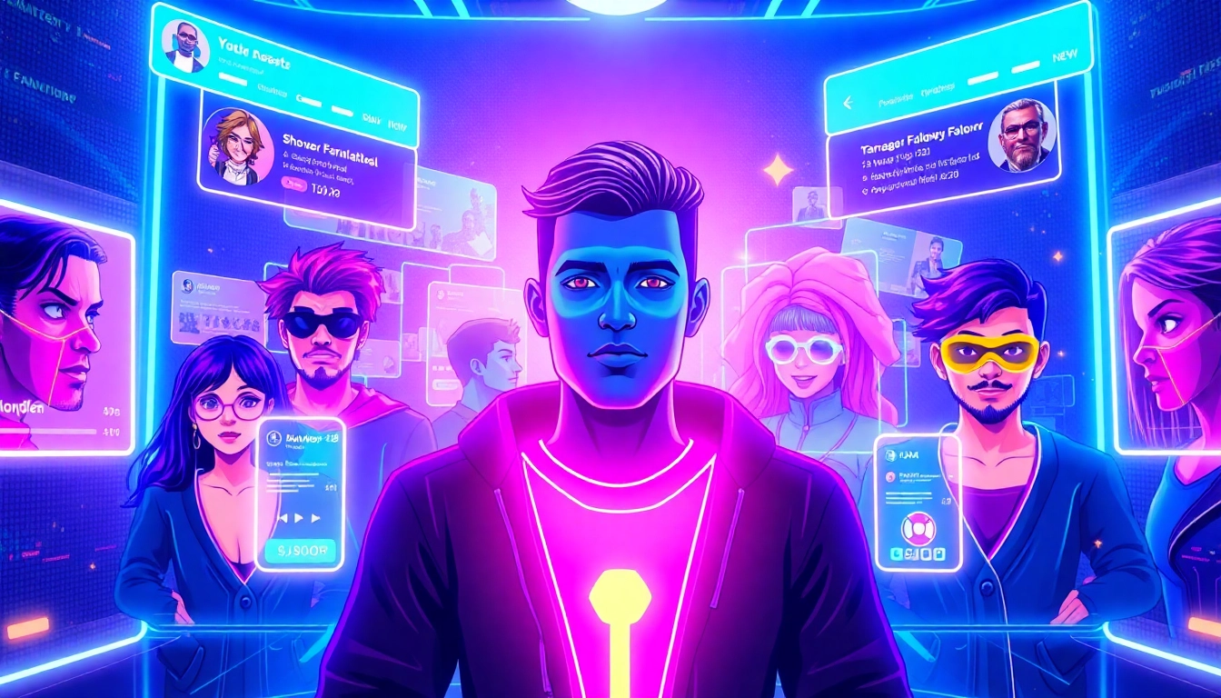 Futuristic virtual social media scene with avatars and holographic posts in neon colors.