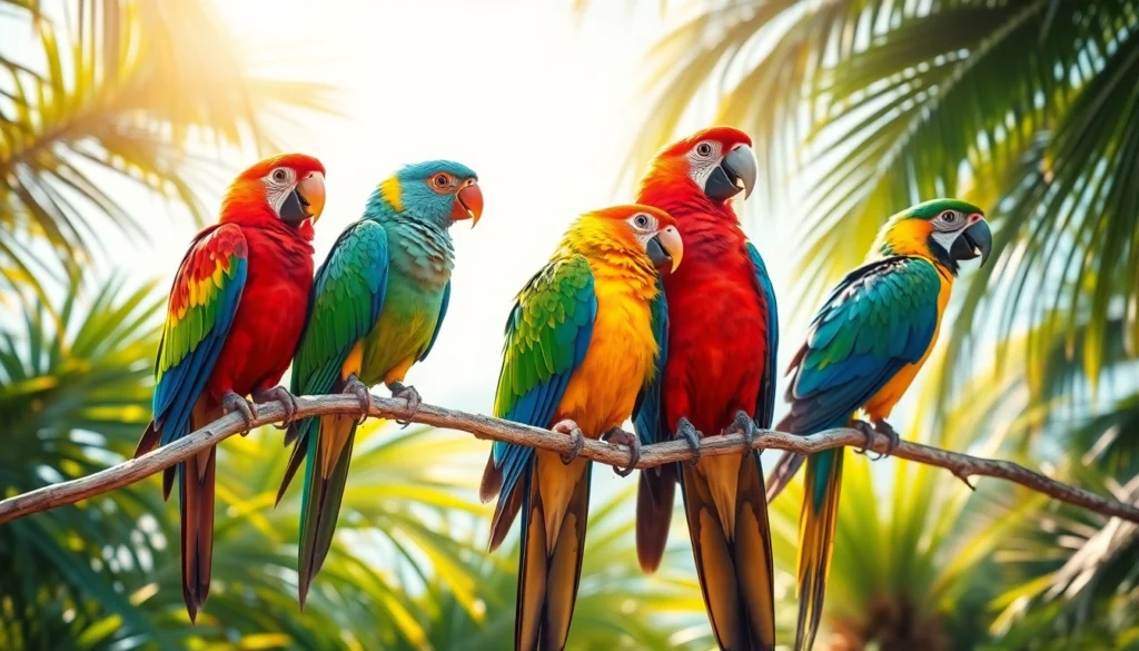 Vivid parrots with bright plumage engaging in natural behavior in lush rainforest, emphasizing their intelligence and beauty.