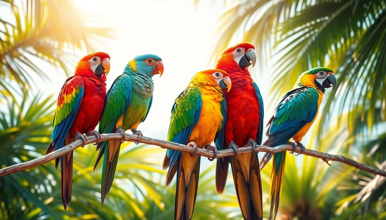 Vivid parrots with bright plumage engaging in natural behavior in lush rainforest, emphasizing their intelligence and beauty.