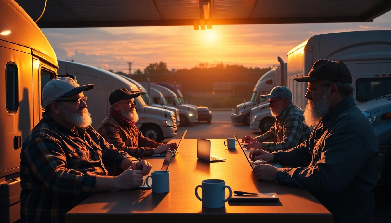 Truckers sharing their honest reviews at a busy highway rest stop, emphasizing trucker reviews and driver experiences to aid fellow drivers.