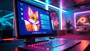 Futuristic AI chat interface with an animated fox girl avatar in a neon-lit room