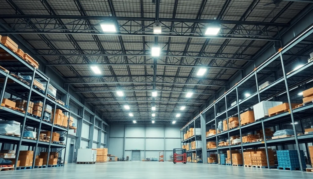 Große Industriehalle mit LED-Highbay-Beleuchtung, helle, gleichmäßige Ausleuchtung, moderne und robuste Leuchten im Einsatz
