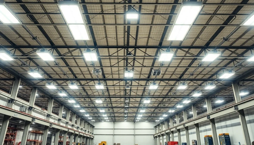 Moderne LED-Industriehallenbeleuchtung, gut ausgeleuchteter Lagerraum mit hohen Decken