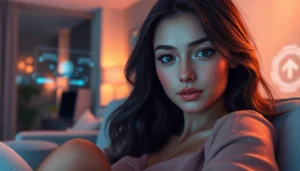 An intimate digital scene of a woman in a cozy room with warm lighting, representing AI-powered virtual interactions.