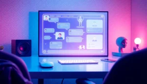 Futuristic AI interface on a sleek digital screen in a modern workspace with holographic chat visuals and avatars, illuminated by soft blue and purple lighting.