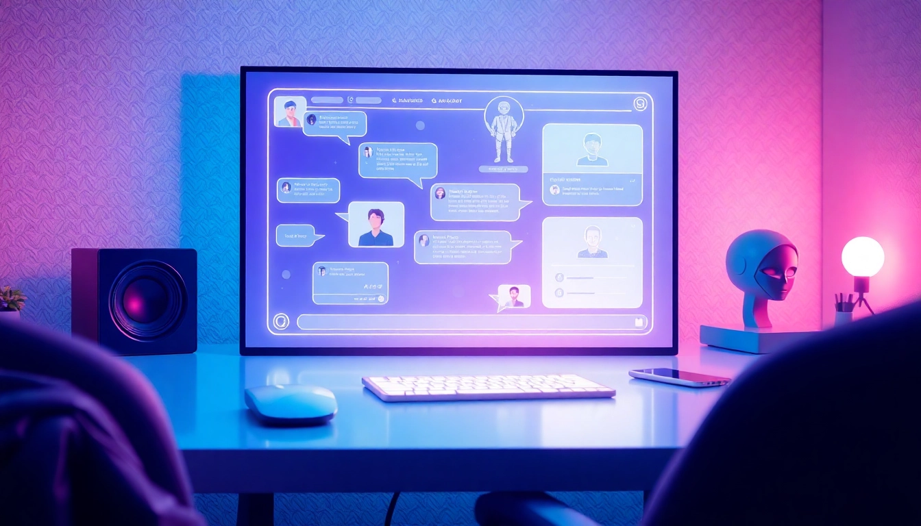 Futuristic AI interface on a sleek digital screen in a modern workspace with holographic chat visuals and avatars, illuminated by soft blue and purple lighting.