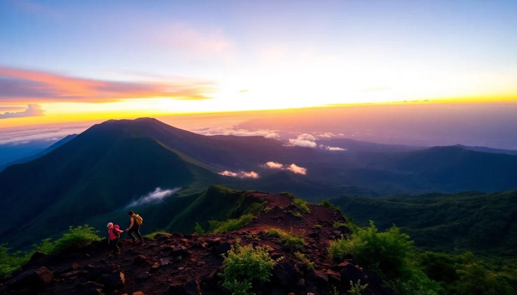 Aerial view of Mount Rinjani at sunrise with hikers on the trail and lush greenery below.