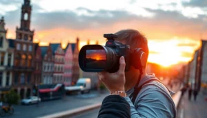 Belgium photographer in action capturing cityscape, showcasing expertise in Photographe Belgique.