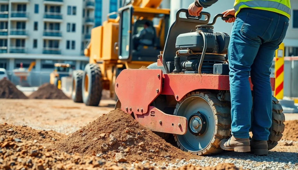 Efficient compactors rental highlights a worker using a vibrant, durable plate compactor on a construction site to ensure solid groundwork.