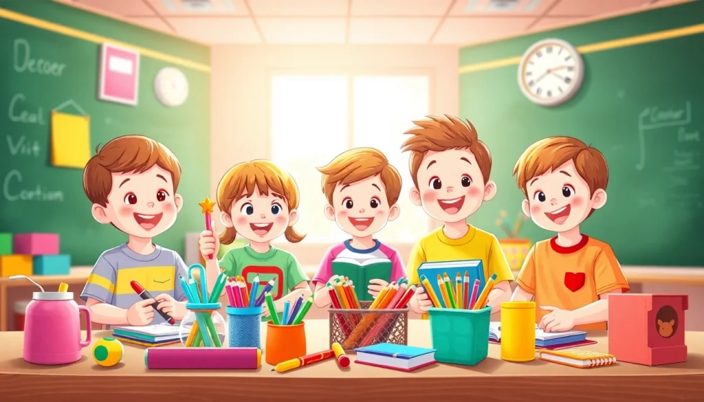 Engaging scene of children exploring vibrant colors in My Color School classroom, promoting creative learning through colorful tools and activities.