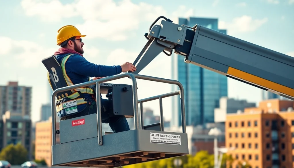 Reliable Boom lift rental with professional operator performing maintenance on a high-rise building.