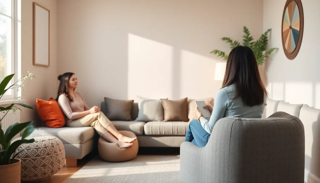 Anxiety & Depression Therapy session featuring a warm, inviting setting with a compassionate therapist and client engaging in a supportive conversation to promote mental wellness.
