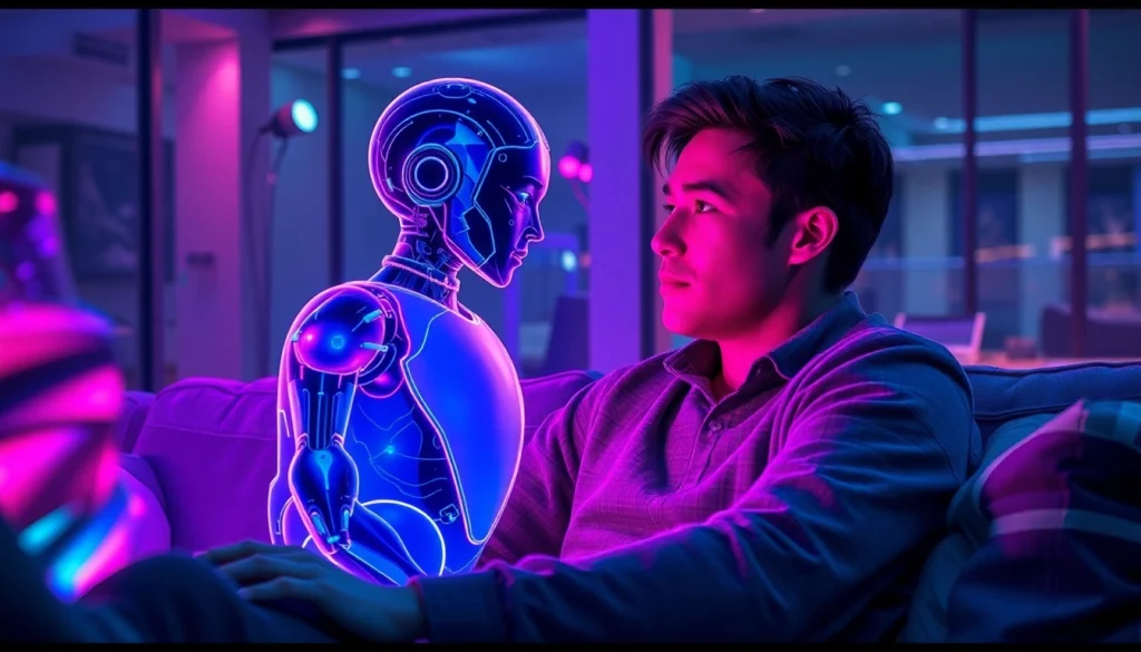 Futuristic scene of a human interacting with a glowing AI character in a cozy, neon-lit environment.