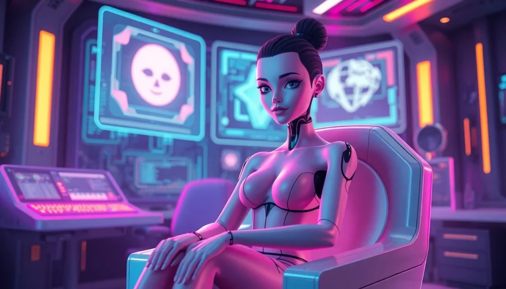 Futuristic AI character interacting in a high-tech digital environment with holographic interfaces and vibrant lighting.