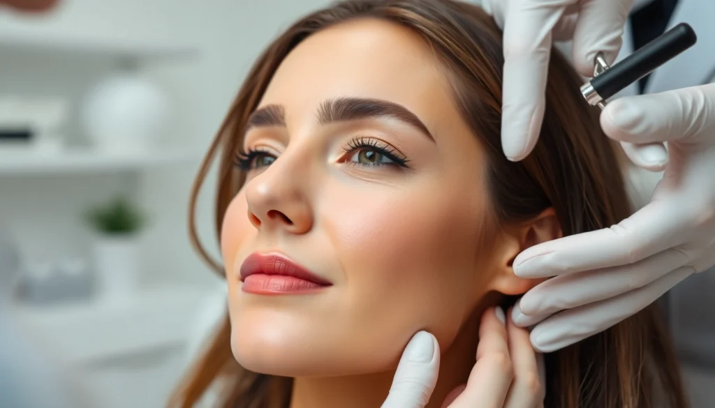 Botox Zürich: Woman with smooth skin after treatment, close-up of facial rejuvenation process, professional service in Zurich clinic.