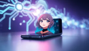 Futuristic AI girlfriend interface on a smartphone with anime-style virtual girl in a tech-inspired environment.