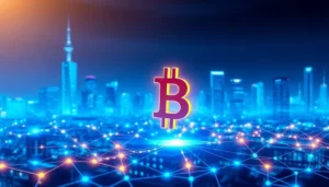 Bitcoin logo glowing over blockchain network symbolizing digital currency growth and innovation.