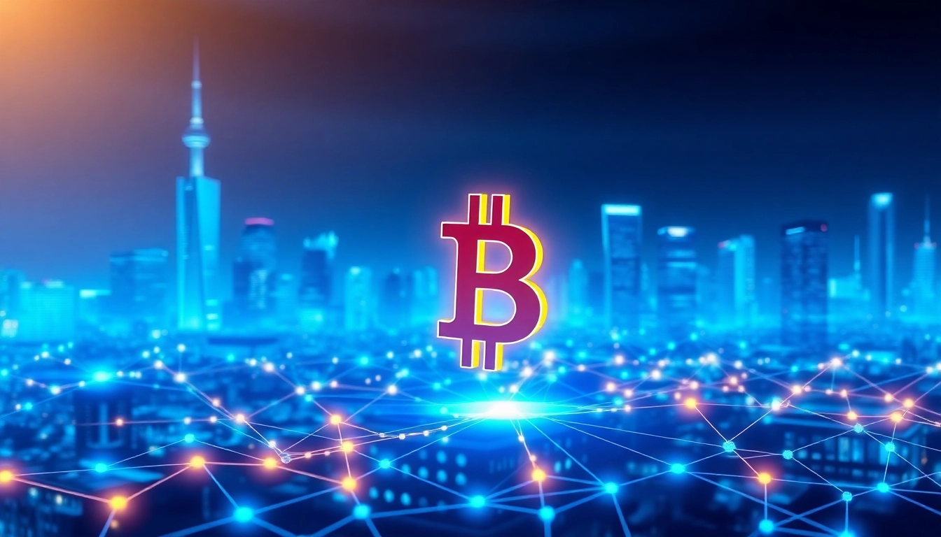 Bitcoin logo glowing over blockchain network symbolizing digital currency growth and innovation.