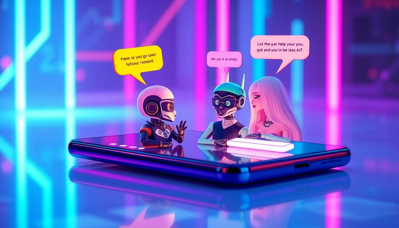 Futuristic digital chat interface with colorful AI characters engaging in flirtatious conversation on a smartphone screen.