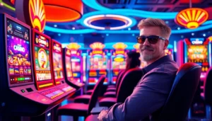 Illustration of a modern online gaming setup with screens showing casino games, vibrant lights, and jackpot graphics.