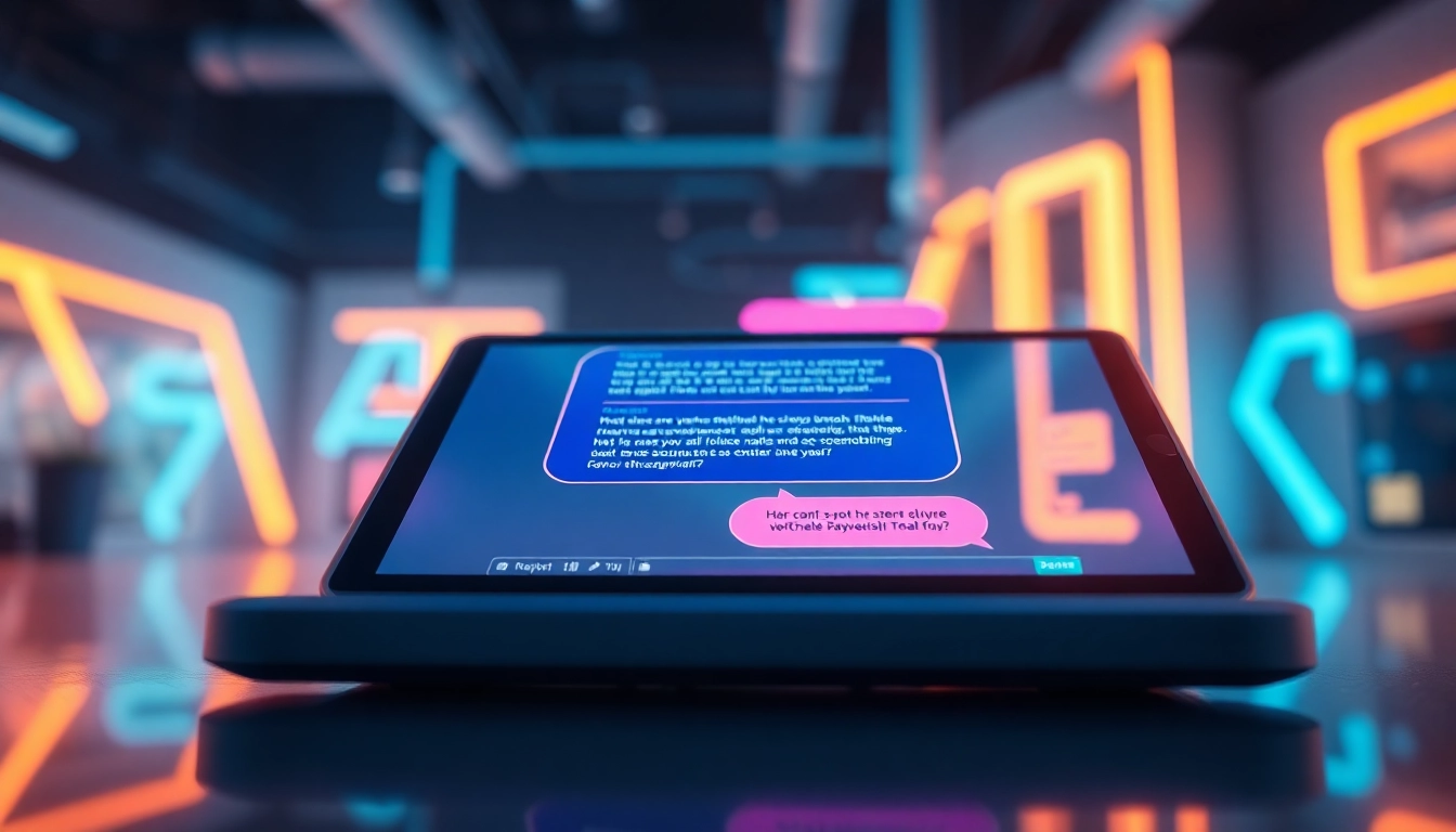 Futuristic chatbot interface with colorful conversation bubbles and neon accents on a modern screen