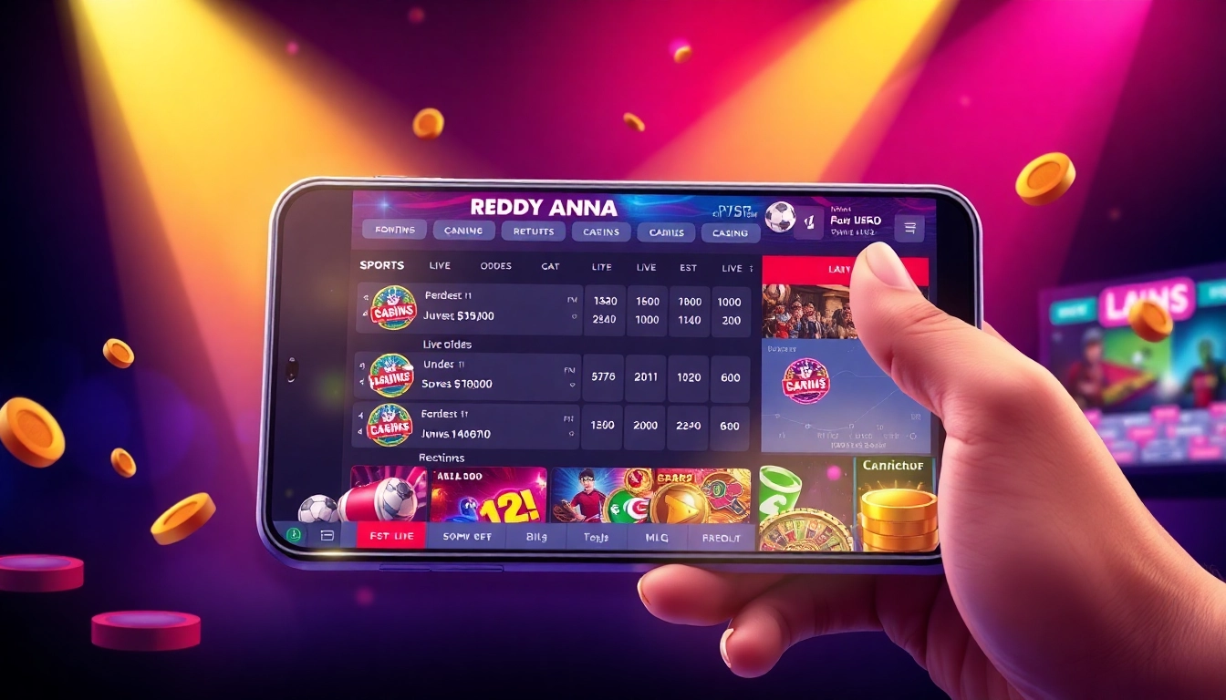 Reddy Anna’s sleek sports betting platform displayed on a smartphone with live betting options and casino games, showcasing secure transactions and vibrant interface for Indian users.