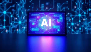 A digital futuristic interface with holographic AI chat elements and glowing circuitry background.