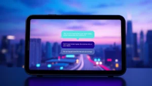 Futuristic digital chat interface on a sleek device with a cityscape background at dusk, showcasing AI conversation.