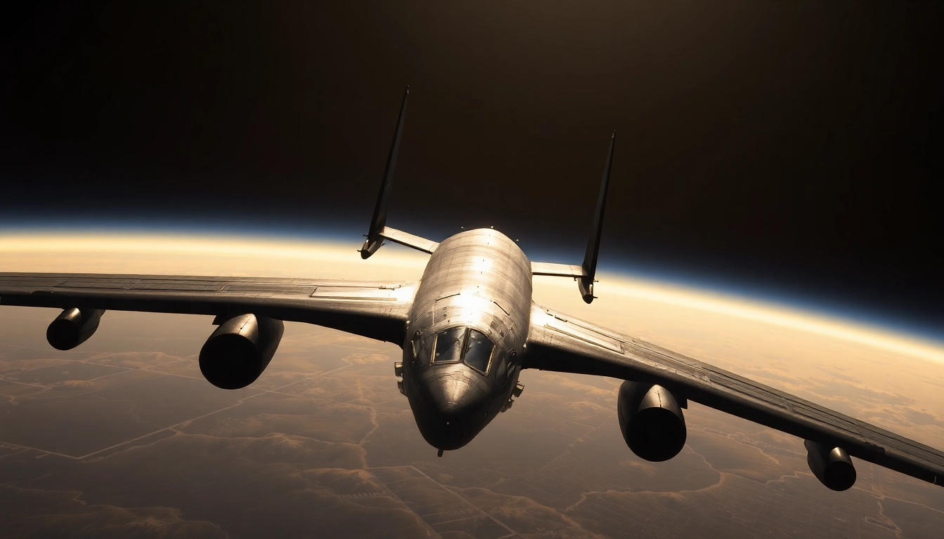 Link B52 bomber soaring at dusk, showcasing its long wingspan and advanced design, symbolizing strength and technological prowess.