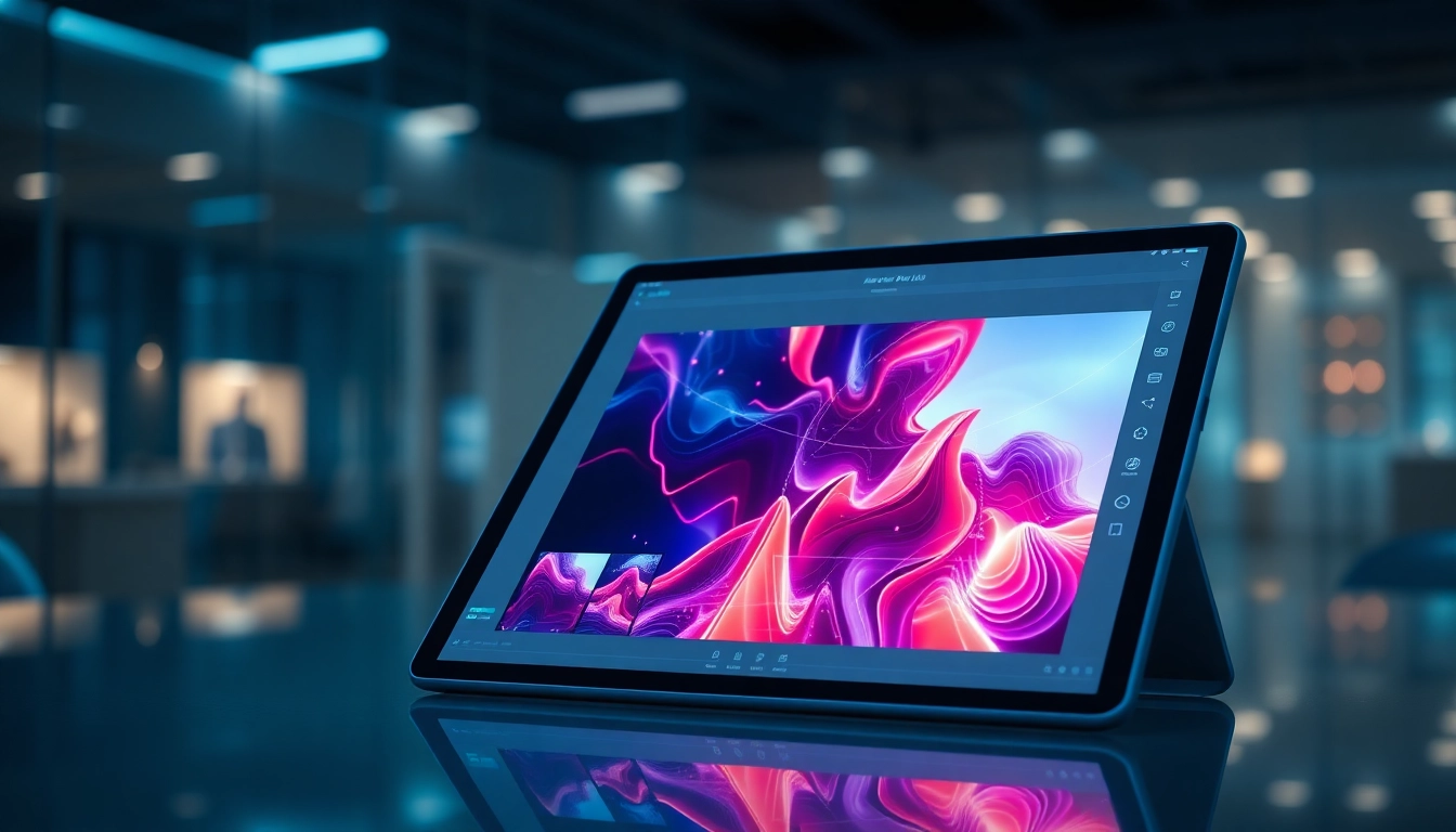 Close-up of a high-tech tablet with vibrant images being edited by an AI interface in a modern workspace.