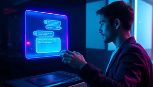 Futuristic AI chatbot interface with holographic chat on a high-tech device