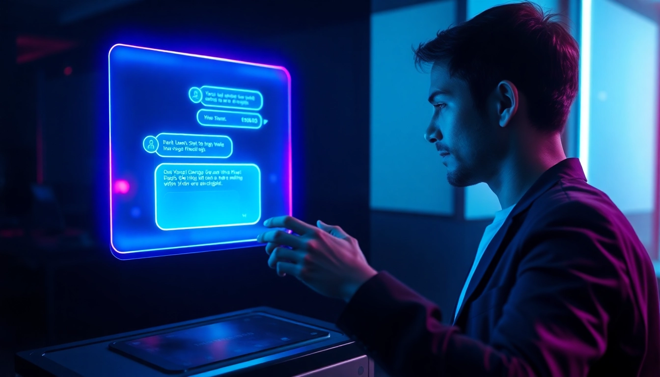Futuristic AI chatbot interface with holographic chat on a high-tech device