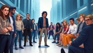 Illustration of a modern society inspired by wolf pack hierarchy, featuring diverse humans in different postures representing alphas, betas, and omegas in a futuristic cityscape.