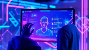 Futuristic digital interface with AI chatbot and customizable virtual character in a neon-lit environment.