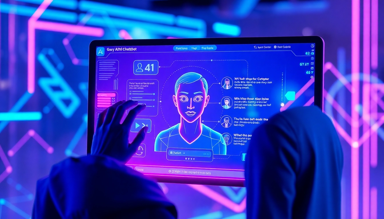 Futuristic digital interface with AI chatbot and customizable virtual character in a neon-lit environment.