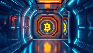 Bitcoin investment concept showing digital assets in a secure, modern setting with graphs and financial data.
