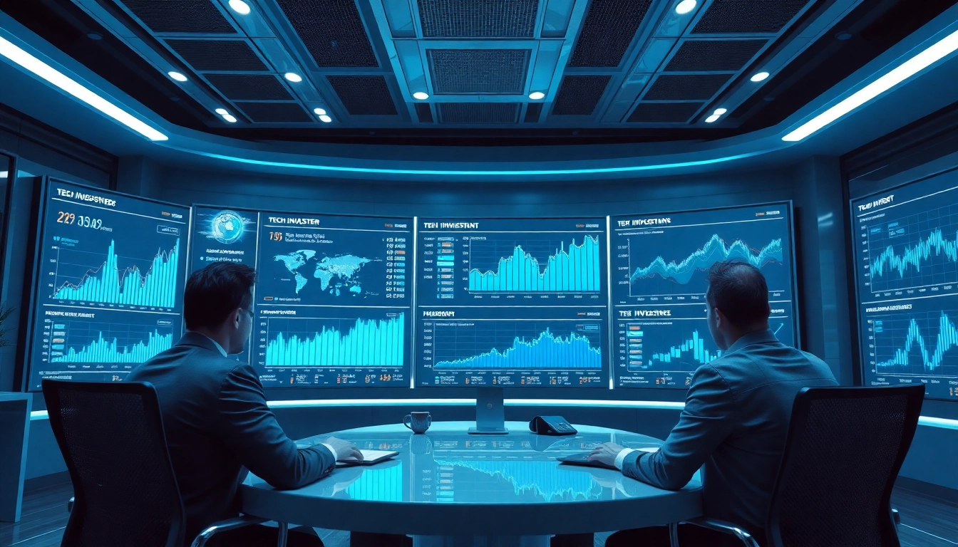 Professionals analyzing Tech Investment Insights on digital dashboards in a modern office setting