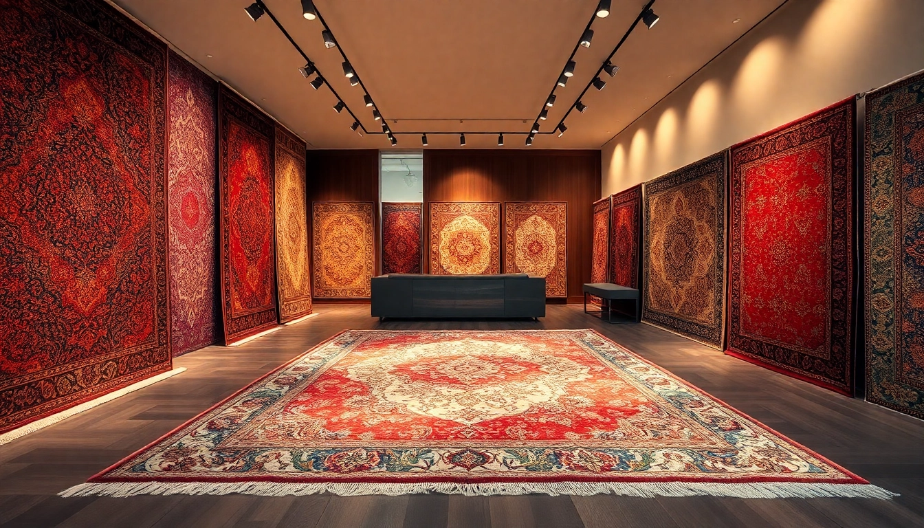Showroom in Milano displaying Tappeti a Milano with vibrant, detailed carpets in warm lighting